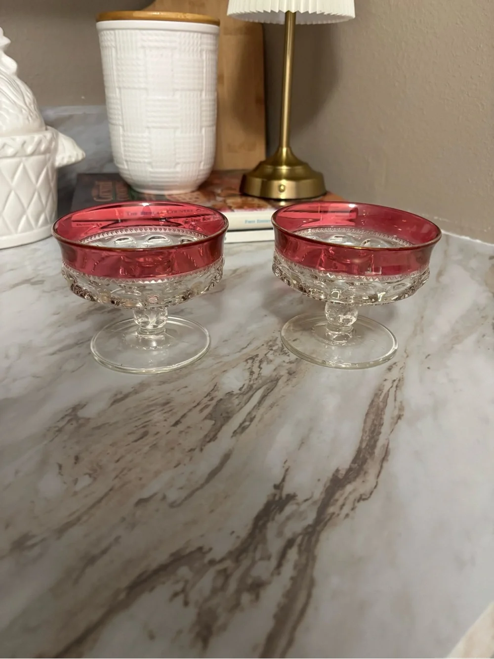 Pair of Clear Glass‎ Candle Holders with Pink Rims